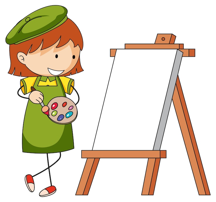 Vecteur gratuit petit personnage de dessin animé d'artiste avec tableau blanc isolé