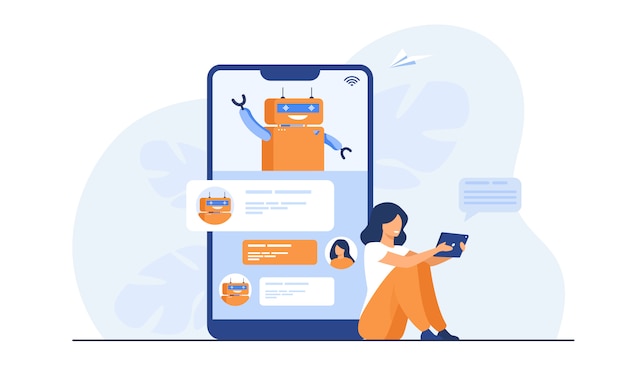 Vecteur gratuit petite femme à l'aide d'un assistant mobile avec chatbot