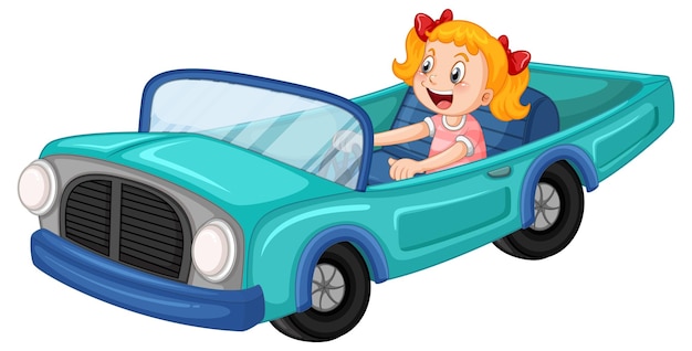 Petite fille au volant d'une voiture vintage en dessin animé