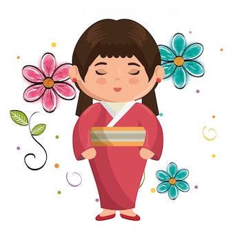 Petite fille japonaise kawaii avec des fleurs
