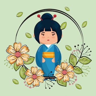 Petite fille japonaise kawaii avec des fleurs