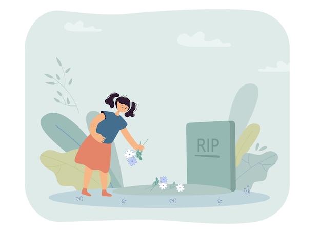 Petite fille mettant des fleurs sur la tombe. Personnage orphelin triste au cimetière, illustration vectorielle plane de pierre tombale