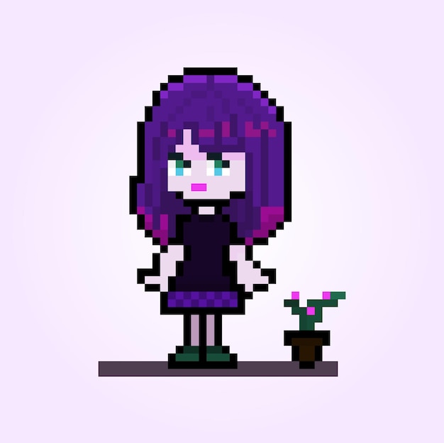 Petite fille mignonne de pixel avec de longs cheveux violets