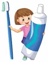 Vecteur gratuit une petite fille tenant du dentifrice et une brosse à dents sur fond blanc