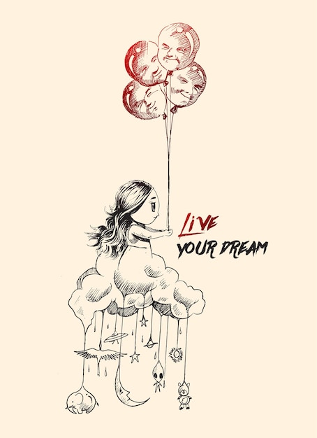 Petite fille volant des ballons en forme de visage humain chiant sur un nuage avec des doddles