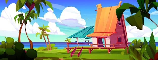 Vecteur gratuit petite hutte sur pilotis en bois avec terrasse sur la mer ou le lac avec de l'herbe verte et des palmiers maison de plage ou chalet pour les loisirs d'été et la station balnéaire paysage vectoriel de dessin animé de sealine avec cabane