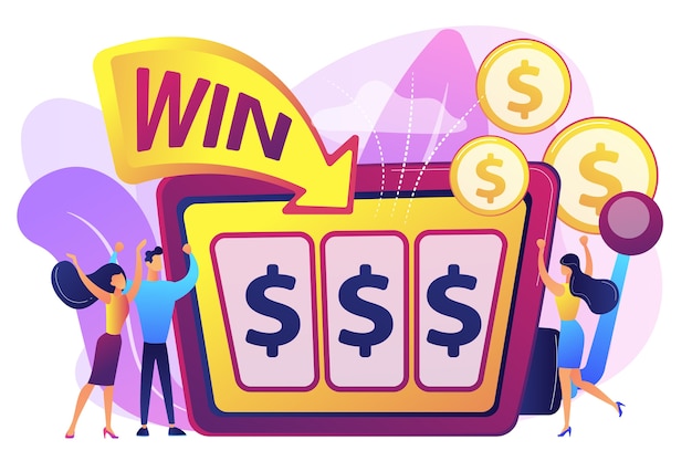 Vecteur gratuit de petites personnes chanceuses jouant et gagnant de l'argent à la machine à sous avec signe dollar. machine à sous, gagnant du jeu d'argent, concept de gain de jackpot.