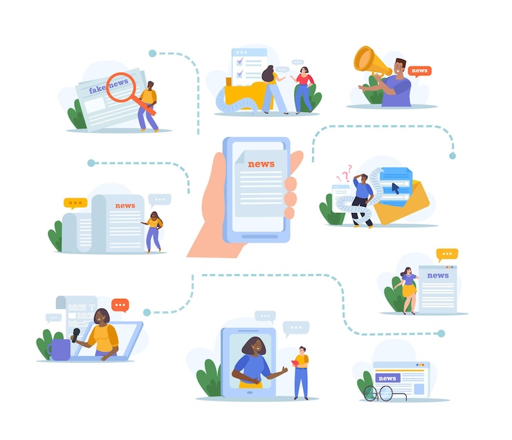 Vecteur gratuit petites personnes rapportant des nouvelles en ligne et lisant dans les journaux ou sur internet illustration vectorielle de composition plate