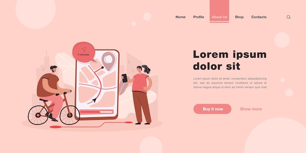 Vecteur gratuit de petites personnes utilisant l'application mobile pour la navigation dans la page de destination de la ville dans un style plat.