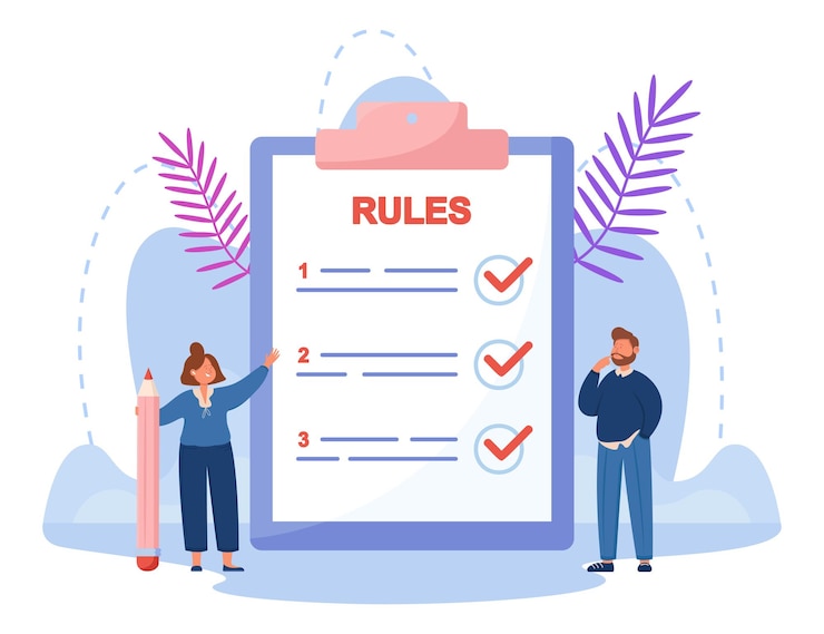 Vecteur gratuit petits hommes d'affaires lisant la liste des règles. homme et femme faisant une liste de contrôle pour le contrôle de la gestion de l'entreprise sur une énorme illustration vectorielle plane de presse-papiers. notion de guidage