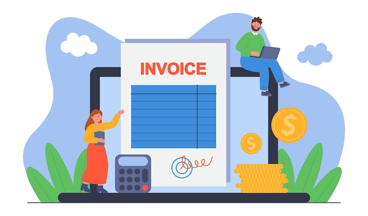 Vecteur gratuit petits hommes d'affaires avec rapport de paiement de facture et ordinateur portable. illustration vectorielle plate en ligne de la paie ou de la tva payée. finances ou argent, taxes, concept de commerce électronique pour bannière ou page web de destination