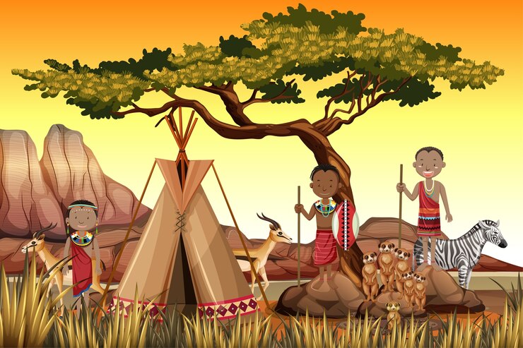 Vecteur gratuit peuples ethniques des tribus africaines en vêtements traditionnels en arrière-plan de la nature