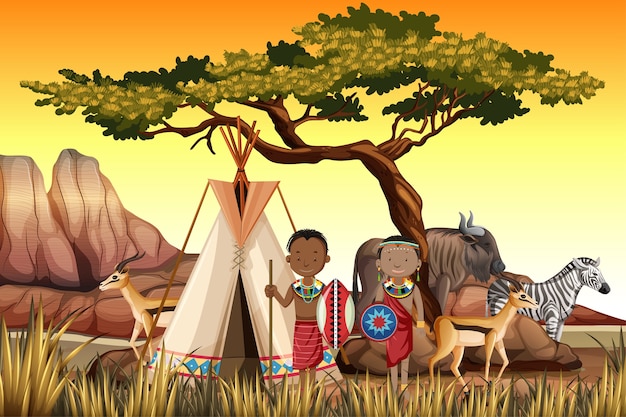 Vecteur gratuit peuples ethniques des tribus africaines en vêtements traditionnels en arrière-plan de la nature