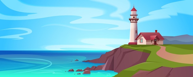 Vecteur gratuit phare de dessin animé sur la côte de la mer