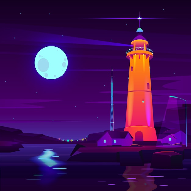 Vecteur gratuit phare travaillant, brillant la nuit sur le vecteur de dessin animé de bord de mer.