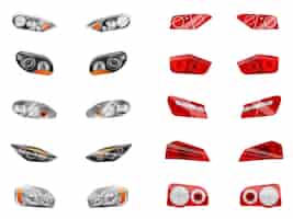 Vecteur gratuit phares automobiles réalistes sertis de douze images isolées de différents phares avant de voiture et illustration de feux de freinage