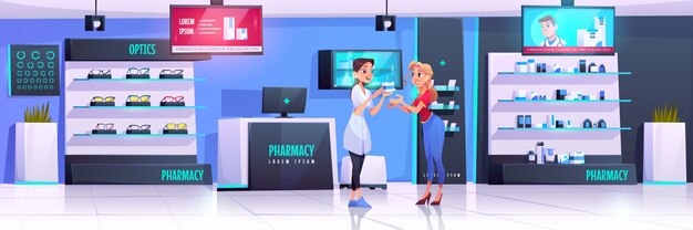 Pharmacien au service d'un client en pharmacie avec optique