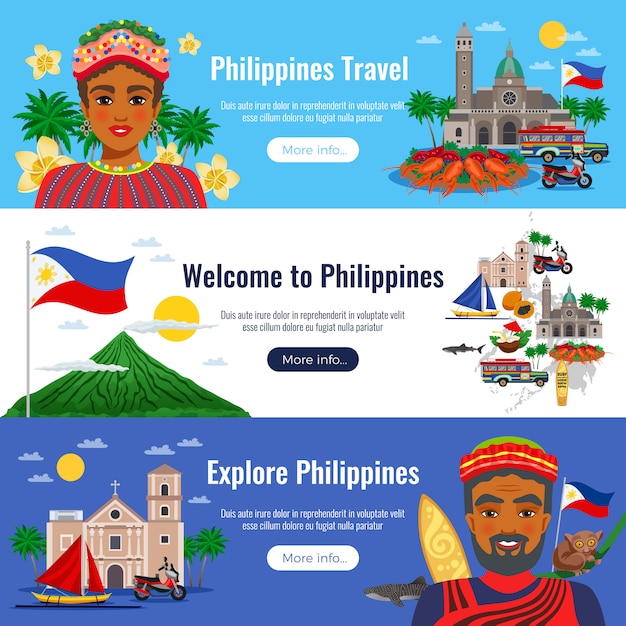 Vecteur gratuit philippines ensemble de bannières horizontales avec des objets de voyage et des monuments sur blanc bleu