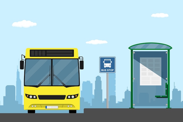 Photo d'un bus de la ville jaune sur un arrêt de bus, illustration de style