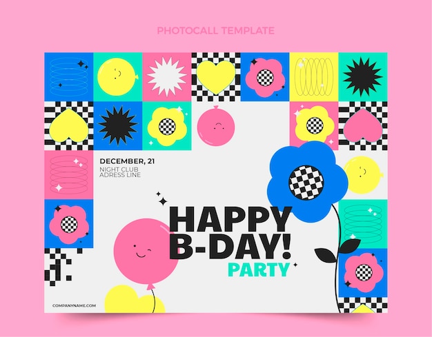 Vecteur gratuit photocall d'anniversaire en mosaïque design plat
