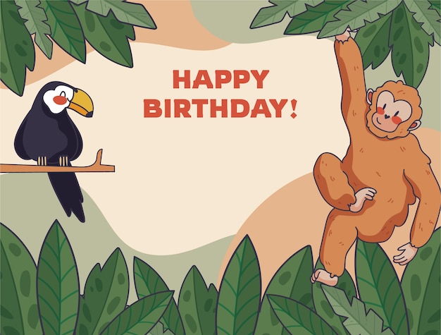 Vecteur gratuit photocall de fête d'anniversaire de jungle de dessin animé dessiné à la main