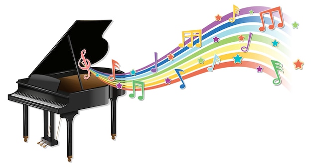 Vecteur gratuit piano avec symboles de mélodie sur la vague arc-en-ciel