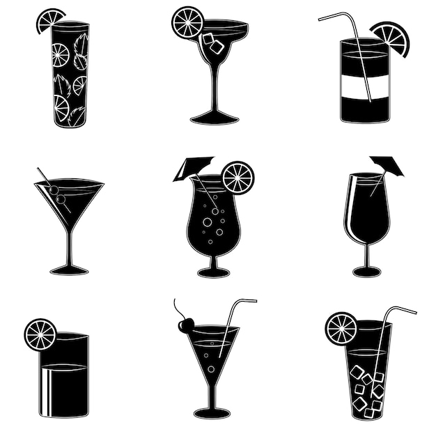 Vecteur gratuit pictogrammes de cocktails de fête avec de l'alcool