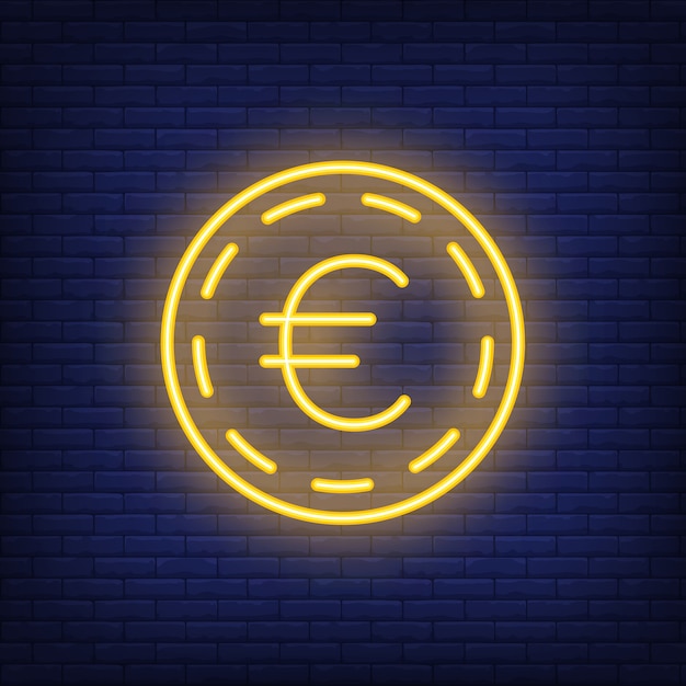 Vecteur gratuit pièce d'euro sur fond de brique. illustration de style néon. argent, argent comptant, taux de change.