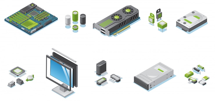 Vecteur gratuit pièces de matériel informatique isométrique avec moniteur et composants électroniques de l'unité centrale et détails isolés