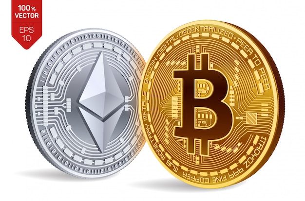 Pièces d'or et d'argent de crypto-monnaie avec symbole Bitcoin et Ethereum isolé sur fond blanc.