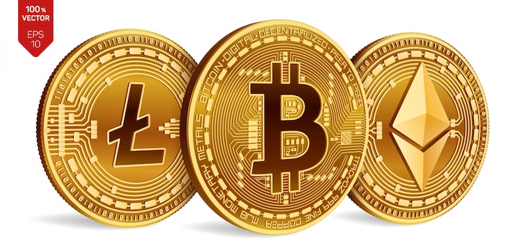Vecteur gratuit pièces d'or de crypto-monnaie avec bitcoin, litecoin et symbole éthereum sur fond blanc.