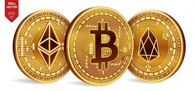 Vecteur gratuit pièces d'or de crypto-monnaie avec symbole bitcoin, eos et ethereum sur fond blanc.