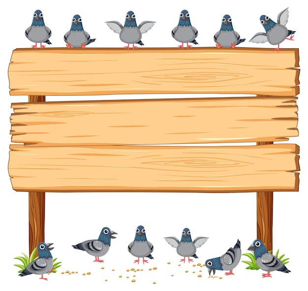 Vecteur gratuit pigeons se rassemblant autour d'une bannière à cadre en bois dans la nature