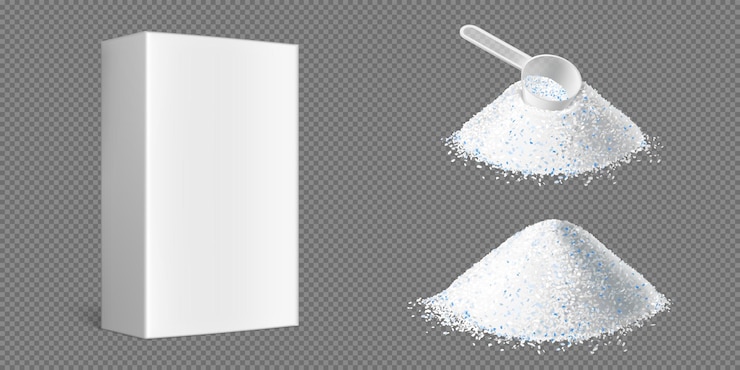 Vecteur gratuit piles de poudre à laver avec cuillère à mesurer et boîte blanche isolées sur fond transparent. ensemble réaliste de vecteur de tas de détergent blanc avec des particules bleues et un pack de carton vierge
