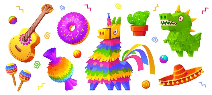Vecteur gratuit pinata chapeau mexicain cactus guitare et maraca