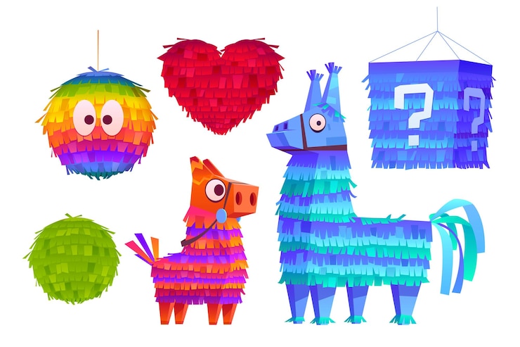 Vecteur gratuit pinata pour fête d'anniversaire vacances mexicaines et carnaval jouet drôle de papier crépon avec des bonbons ou surprise à l'intérieur des icônes de dessin animé de pinata drôle en forme de coeur et de boule de cheval d'âne