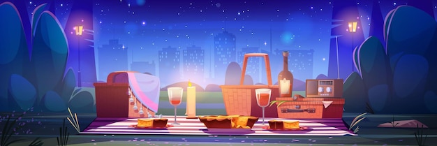 Vecteur gratuit pique-nique dans le parc de la ville le soir ou la nuit date romantique de dessin animé ou vacances en plein air avec panier en osier bougie allumée et vin avec tarte sur couverture sur des bâtiments à plusieurs étages dans la ville moderne