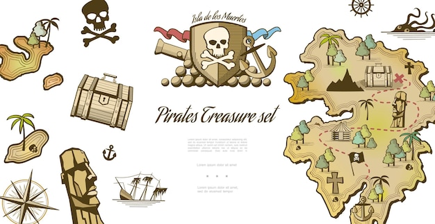 Pirate, Collection D'éléments Avec Masque Tribal Coffre Fermé Navire Coulé Boussole Canon Ancre Kraken Island Avec Chemin D'accès Au Trésor Illustration