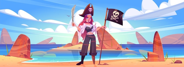 Vecteur gratuit pirate fille sur la plage avec drapeau jolly roger et épée