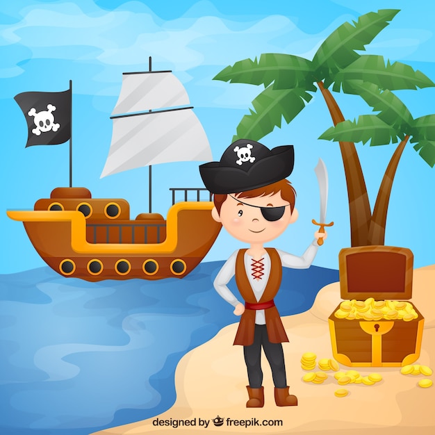 Pirate, garçon, plage, fond