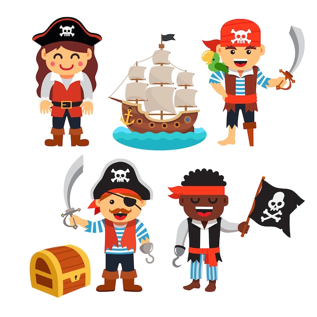 Vecteur gratuit pirate kids set: trésor, drapeau noir, bateau