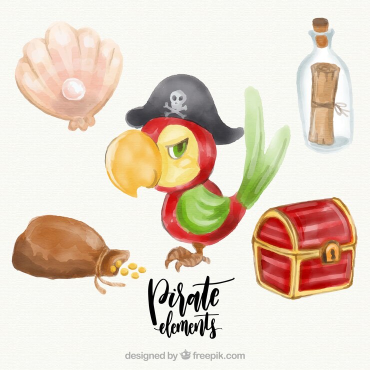 Vecteur gratuit pirate perroquet et autres aquarelles