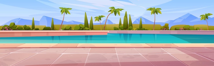 Vecteur gratuit piscine de dessin animé avec des montagnes à l'horizon