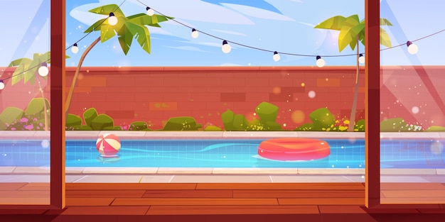 Vecteur gratuit piscine de jardin derrière une porte en verre ouverte illustration de dessin animé vectoriel du patio avec plancher en bois jardin tropical au bord de la piscine avec palmiers et fleurs clôture en brique guirlande lumières jour ensoleillé