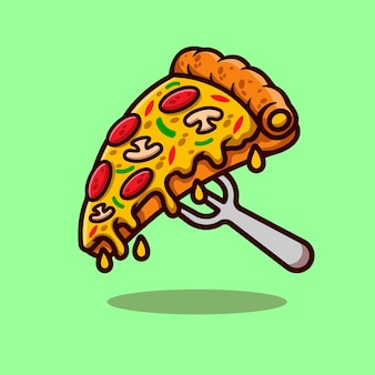 Pizza au fromage fondu sur une illustration vectorielle de fourche cartoon