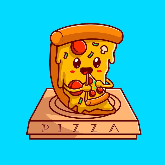 Vecteur gratuit pizza mignonne manger de la pizza sur l'illustration d'icône de vecteur de dessin animé de boîte. concept d'icône d'objet alimentaire isolé