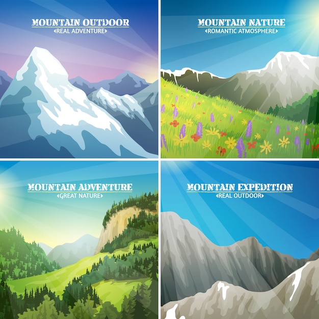 Vecteur gratuit place des icônes plat 4 paysages de montagne