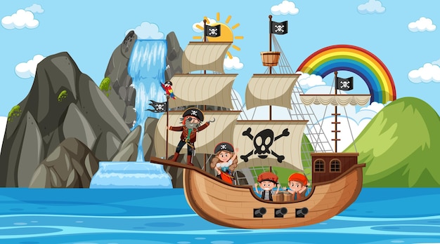 Plage avec bateau pirate à la scène de jour en style cartoon