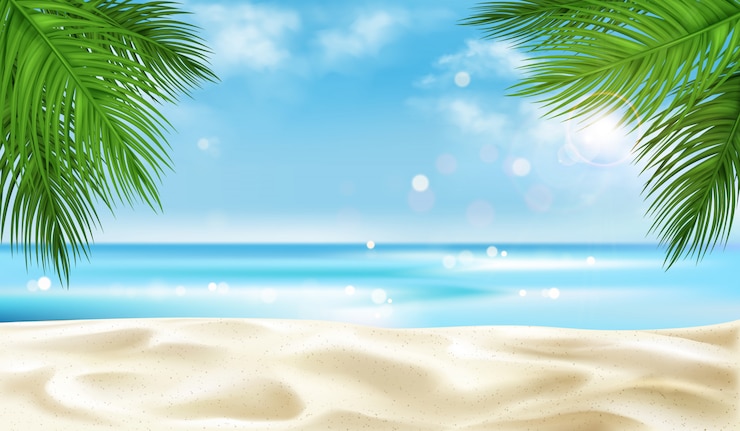 Vecteur gratuit plage de la mer avec des feuilles de palmier fond, été