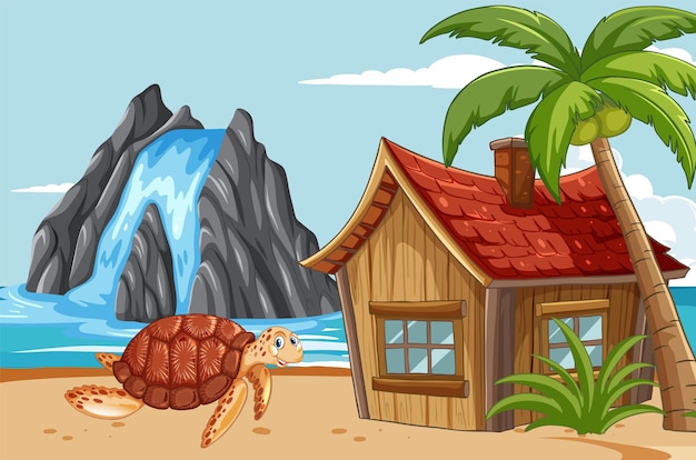 Vecteur gratuit plage tropicale avec tortue et cabane